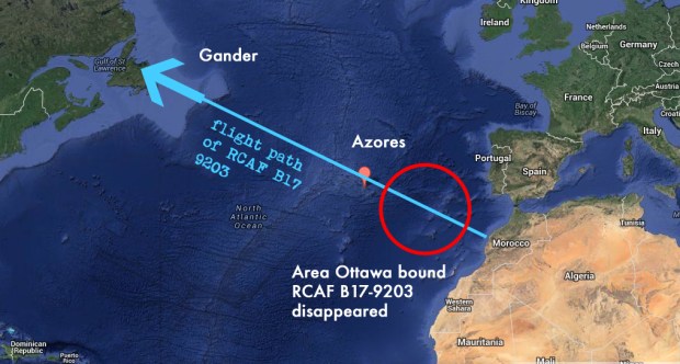 Map showing the flight path of Hillcoat's B17 heading back to Ottawa and where it was presumed to have disappeared.