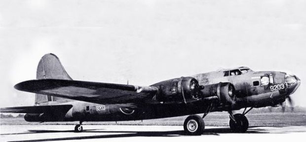 USAF file photo of Hillcoat's B17-9203 painted in RCAF markings. Note serial number "9203" painted on the nose.