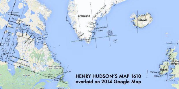 Hudson's quite accurate 1610 map overlaid on a current Google map of the same areas. 