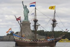 A replica of Henry Hudson's 1609 ship "Half Moon" sails into New York City harbour during 2009 celebrations.