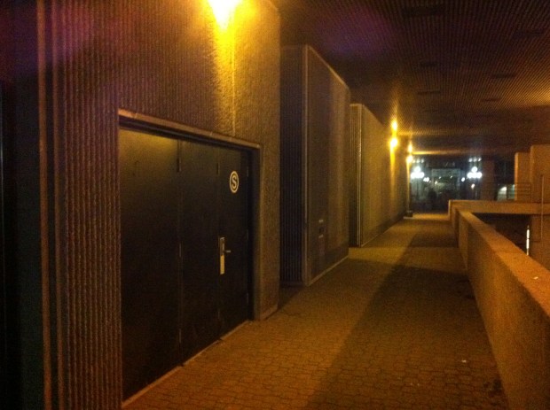 Rear of the Podium building showing the emergency exits from the theatre.