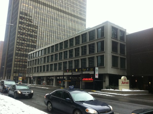 The Podium building today as seen from Queen Street. The abandoned theatre is in the centre of the building surrounded by the offices. 