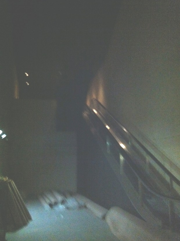 Abandoned theatre lobby, escalators to second level cinema. Mural of Capitol Theatre seems to have been removed.