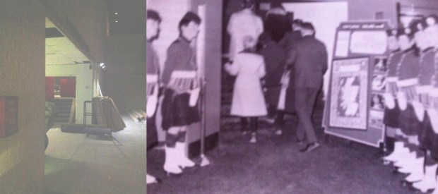 Theatre lobby area, then & now....Patrons enter the theatre on opening day (right) up the stairs that are shown in the present day photo (left). 