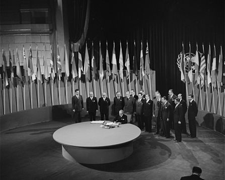 Representatives from around the world gathered in San Francisco in 1945 to form the United Nations. PM Mackenzie King flew there in his new plane to sign the charter.