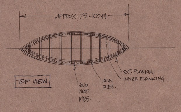 A sketch showing the hull shape and overall dimensions.