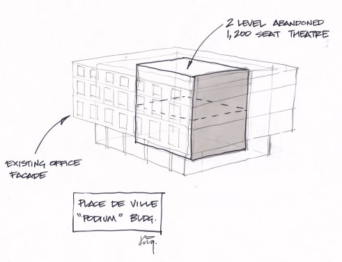 quick sketch showing how the theatre sits inside the Podium buildings, shielded by an exterior shell of government offices.