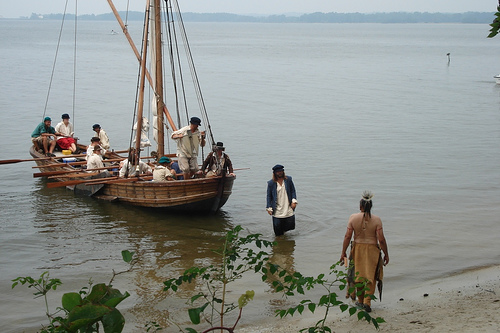 A typical early 1600's shallop, equipped with sail and oars.