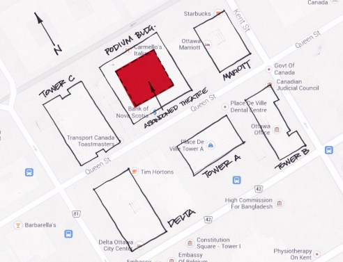 Map showing the location of the concealed 1,200 seat movie theatre in downtown Ottawa.