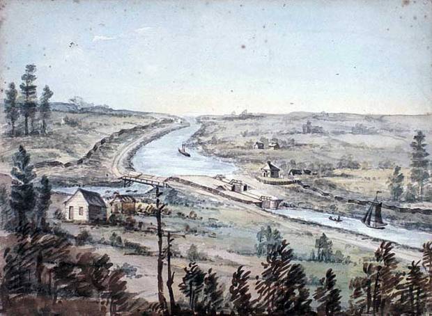 A sketch of Hartwells Locks from 1845 showing the paymaster cabins in the foreground, across the canal from the lockmaster's house.