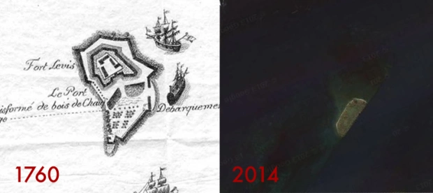 Comparison of the island then and now.
