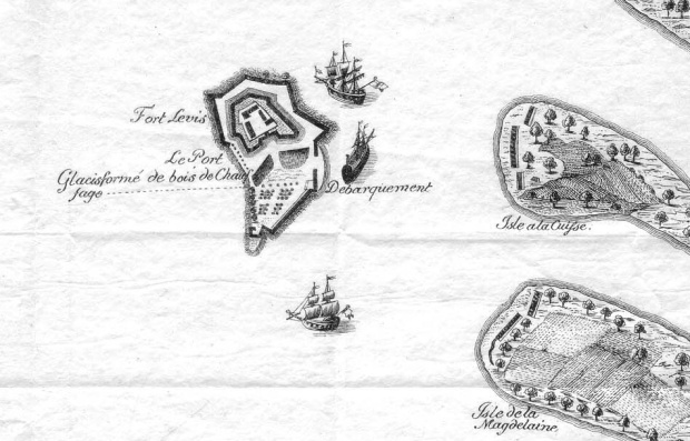 A French map from 1759 indicates Isle Royale and Fort Levis built upon it.