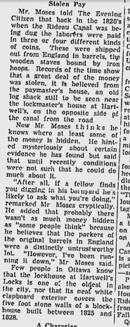 Article from a 1956 Ottawa Citizen outlining the legend of the buried silver at Hartwells Locks