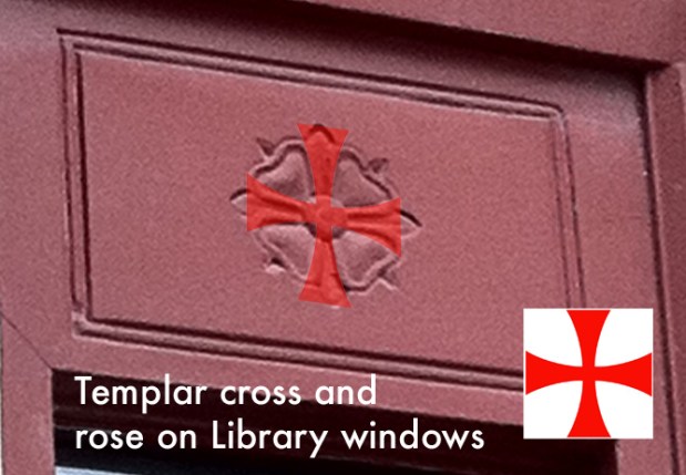 Note the hidden Templar cross that sits perfectly in the negative space of the rose symbol on the Library.
