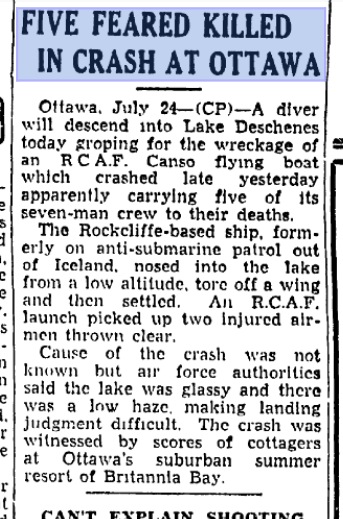 Original Ottawa Citizen newspaper article reporting the tragic crash near Britannia.