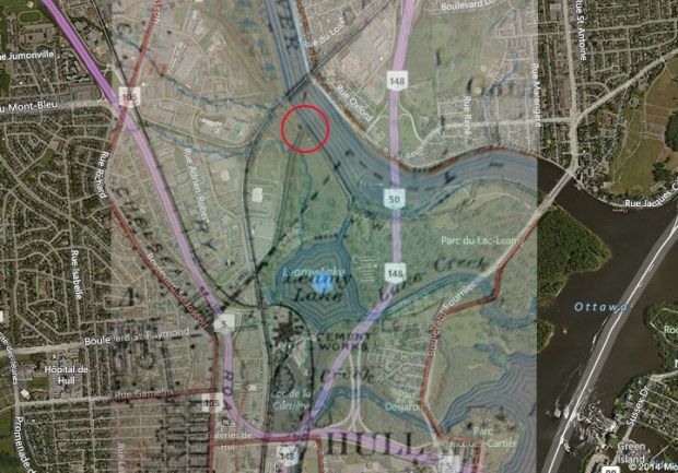Ghosted 1935 map over current aerial map. (Wright building circled in red)