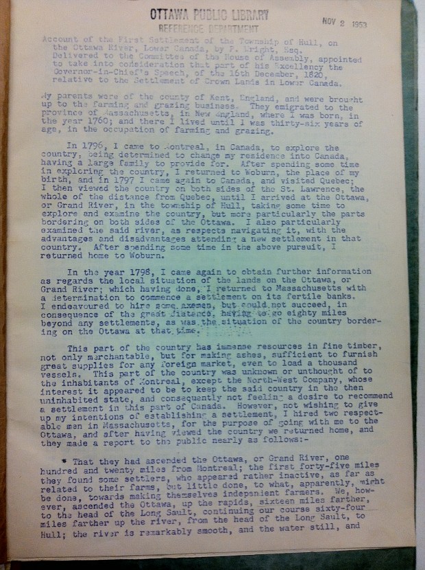 Personal account by Philemon Wright of his first settlement in 1800.