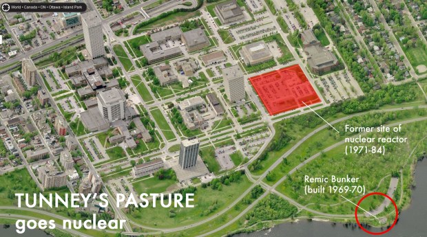 Aerial image showing the proximity of the Remic Bunker to the Tunney's Pasture Nuclear Reactor site.