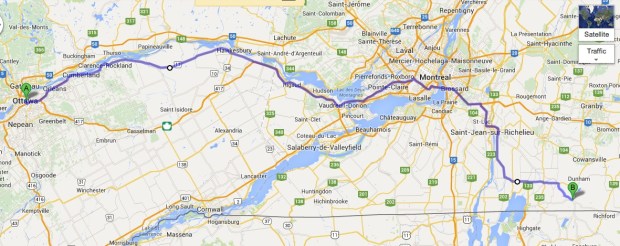 "You take this route 17 back to Montreal, get on to 37 over the bridge at St Anne's and then over the river again on to 7. Follow 7 on down to Pike River. Get on 52 at Stanbridge. Turn right in Stanbridge for Frelighsburg and leave the car in a garage there." - Google map of the exact same route accurately described by Fleming.