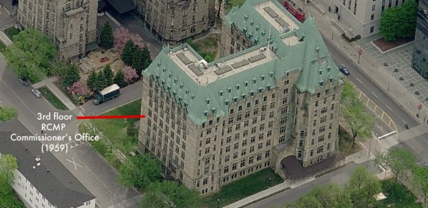 "The Headquarters of the Royal Canadian Mounted Police are in the Department of Justice alongside Parliament Buildings in Ottawa. Like most Canadian public buildings, the Department of Justice is a massive block of grey masonry built to look stodgily important and to withstand the long and hard winters." -Bond