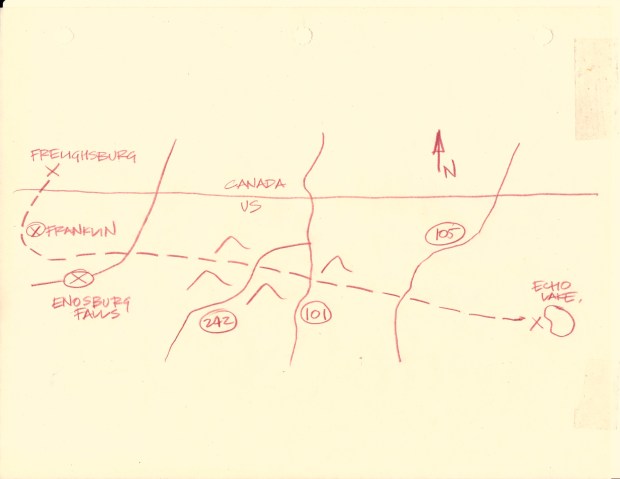 sketched map of Prohibition smuggling path across from Canada into the United States. "Colonel Johns went back to his chair and took two more pieces of paper off the file. The first was a scrap of pencilled map, the other a section of aerial photograph. "