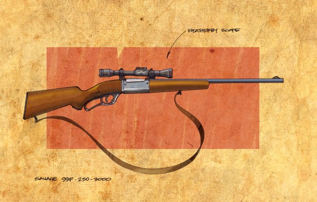 "Rifle. Went down myself and put it in the boot of your Plymouth while you were waiting. One of the new Savage 99Fs, Weatherby 6 x 62 'scope, five-shot repeater with twenty rounds of high-velocity .250-3.000."