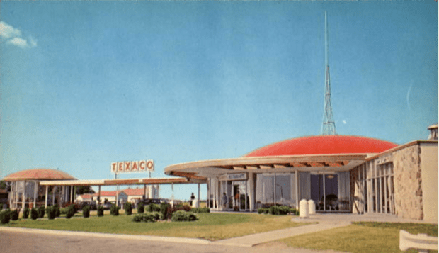 A 1960's postcard of Kohl's spaceship domed rest stop in Woodstock, On