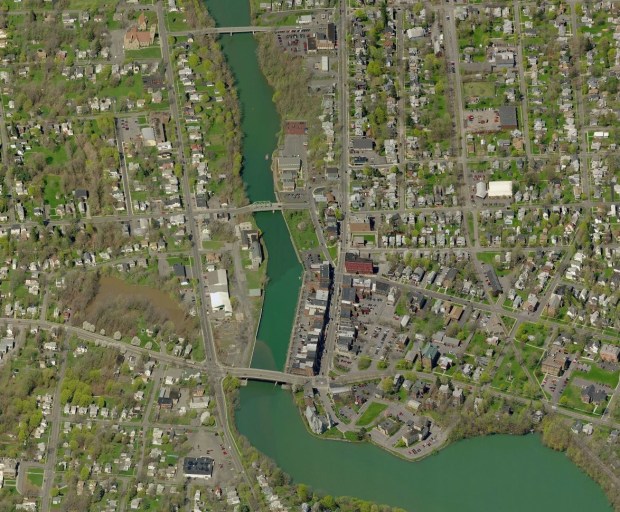 The town of Seneca Falls that shows the main street, bridge and other elements that are similar to those in the film.