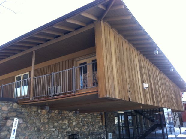 Approaching the old Talisman, its unique 1960s architectural style by Bill Teron is still evident. 