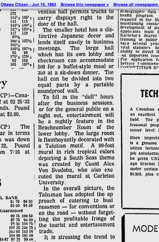 A 1963 newspaper article describes the Beachcomber Room as being "downstairs"