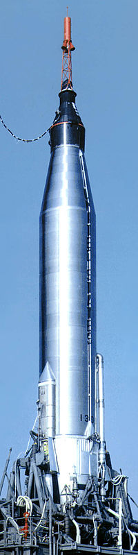An Atlas rocket with the Mercury capsule attached circa 1963.