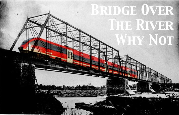 Concept of the O-train crossing the Ottawa River on the dormant Prince Of Wales bridge.