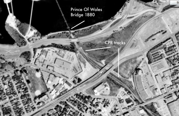 1965 aerial image showing the original Canadian Pacific rail line that crossed the Ottawa River on the bridge.