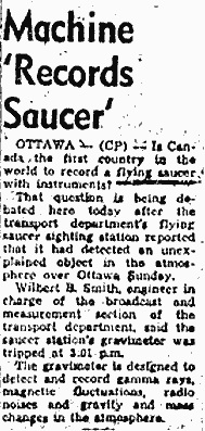 Local newspaper article relating the 1954 UFO event at the Ottawa facility.