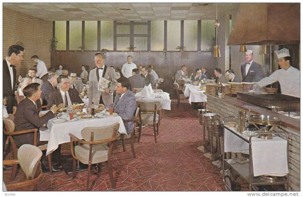 A vintage postcard of The Rib at The Riverside Hotel. Note the  "gentlemen" conducting important business meetings over cocktails and steak.