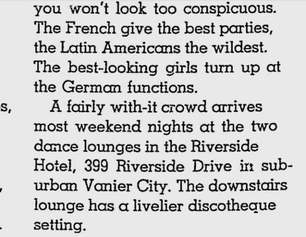 Description of how The Riverside Hotel was a happening spot to meet the ladies.