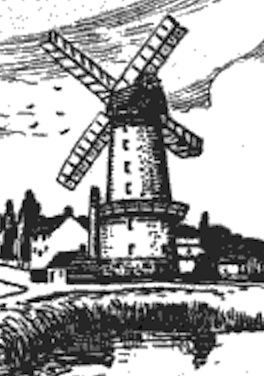 An sketch of an early 1800s windmill that would have been almost identical to the stone tower on Highway2. 