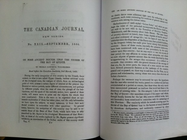 The 1860 archeological report of Wallbridge's examination of unusual mounds in Prince Edward County.