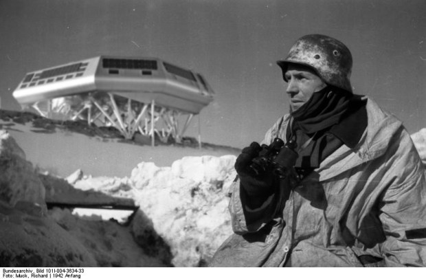 A german soldier keeps a look out for Indiana Jones at a remote Antarctic outpost. (NOTE: fictional composite photo)
