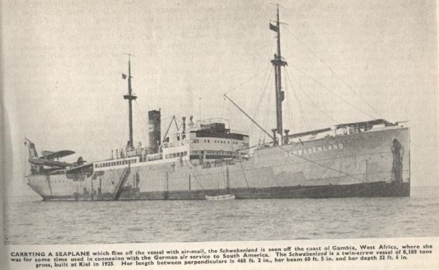 The Schwabenland ship used in the 1939 expedition with the Lufthansa seaplanes that were catapulted off the ship. 