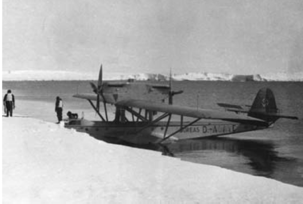 One of the German Dornier sea planes arriving on the ice shelf of Antarctica. 