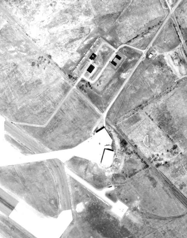 a 1950s satellite image shows the special NORAD QRA facility. Missile bunkers located at top.