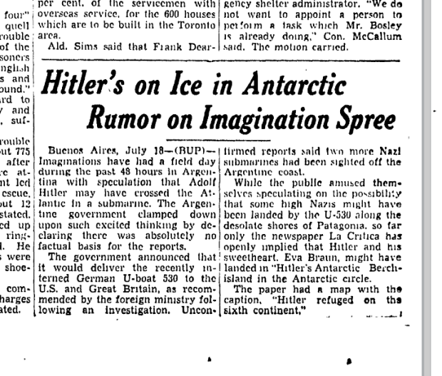 a 1946 article in the Toronto Star about the theory Hitler escaped with treasures to Antarctica. (GoogleNews)