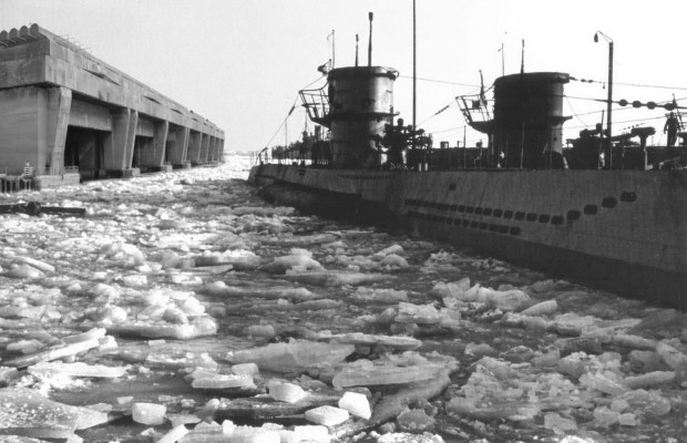 A secret U-boat base built on the shore of Antarctica. (NOTE: fictional composite photo)